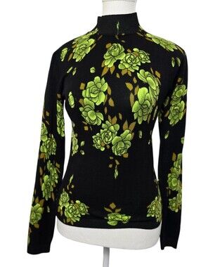 Henny Vintage Green Rose Print Mock Neck Knit Sweater Fitted Black Floral